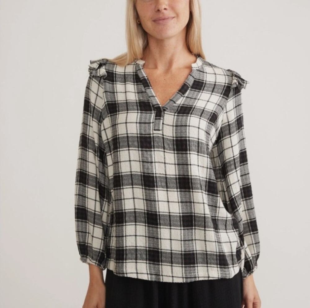 Marine Layer Women's Black/White Plaid Jamie Ruffle Sleeve Popover Top XS